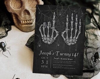 14th Birthday Halloween Invitation Template Vintage Skeleton Hands Birthday Party Evite Printable Gothic 14th Birthday Halloween Invite H3