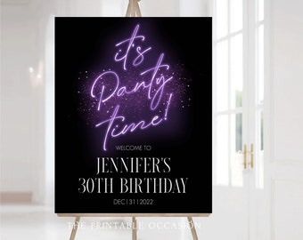 It's Party Time Welcome Sign Template Printable Purple Neon Party Sign Adult Birthday Party Poster Sign Bridal Shower Birthday Digital AB1