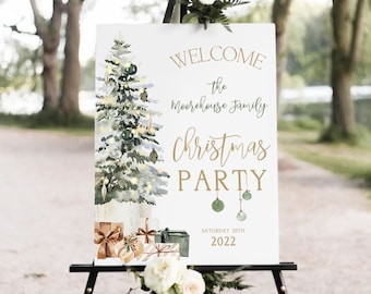 Christmas Party Welcome Sign, Editable Christmas Tree Party Decor, Holiday Banner, Personalized Announcement, Printable Poster Template T2D