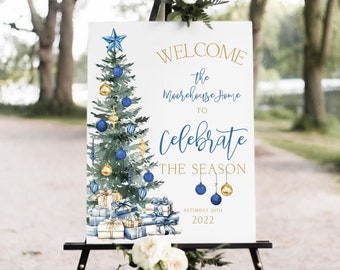 Editable Blue Christmas Party Welcome Sign, Holiday Party Welcome Sign, Christmas Decorations, Christmas Template Printable DIY Corjl T2B