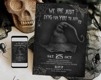 Vintage Witch's Hat We Are Just Dying Adult Halloween Party Invitation Template Printable Vintage Gothic Halloween Invitation Download W3