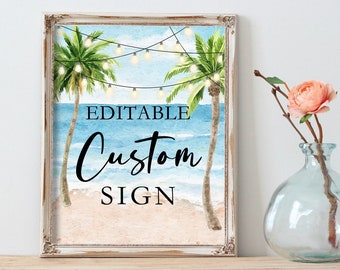 Beach Party Custom Table Sign Editable Tropical Birthday Table Decor Printable Luau Party Sign Summer Beach Decor Canva BE1
