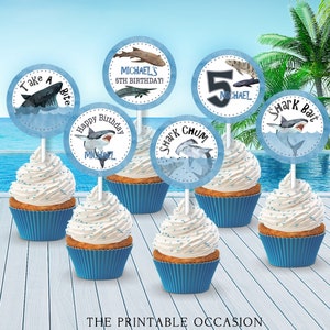 EDITABLE Shark Cupcake Toppers, Under The Sea Cupcake Toppers, Watercolor, Printable Pool Party Instant Download Shark Party Decorations SHK