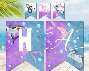 EDITABLE Shark and Mermaid Birthday Banner, Printable Sharks and Mermaids Birthday Banner Template, Birthday Party Banner Bunting SH1