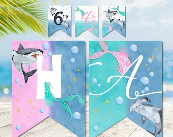 EDITABLE Shark and Mermaid Birthday Banner, Printable Sharks and Mermaids Birthday Banner Template, Birthday Party Banner Bunting SH3