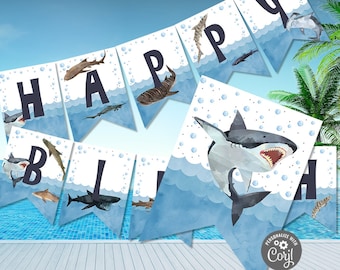 EDITABLE Shark Birthday Banner, Printable Sharks Birthday Banner Template, Sharks Birthday Party Banner Bunting Instant Download Corjl SHK