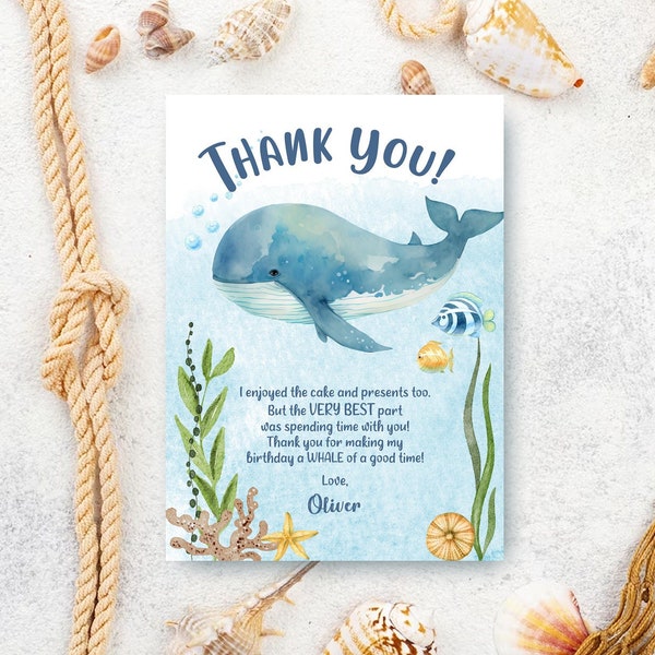 EDITABLE Whale Birthday Thank You Car Template, Ocean Birthday Thank You Card, Under The Sea Thank You Card, Whale Birthday, Corjl W1