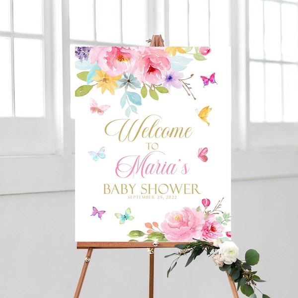 Butterfly Baby Shower Welcome Sign, Pink Floral Printable Welcome Sign Baby Shower Sign, Pink Teal Purple Floral Baby Shower Welcome Sign B1