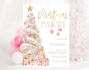 Editable Christmas Party Invitation, Pink and Gold Christmas Invite, Christmas Tree Party Invitation, Printable Holiday Party Invite T3B