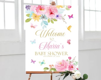 Butterfly Baby Shower Welcome Sign, Pink Floral Printable Welcome Sign Baby Shower Sign, Pink Teal Purple Floral Baby Shower Welcome Sign B1