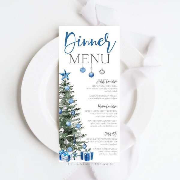 EDITABLE Christmas Dinner Menu, Blue Silver Christmas Tree Menu Template Christmas Dinner Menu Menu Program Holiday Menu, Editable Corjl T2A