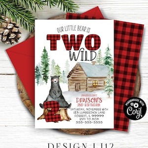 ANY AGE Editable Lumberjack Birthday Invitation, Two Wild Lumberjack Baby Bear First Birthday Invitation Buffalo Plaid Instant Download LJ