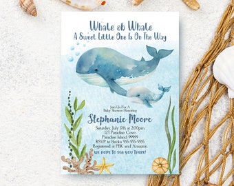 EDITABLE Whale Baby Shower Invitation, Nautical Shower Invite, Under the Sea Boy Baby Shower, Book Request, Diaper Raffle, Thank You Card W1