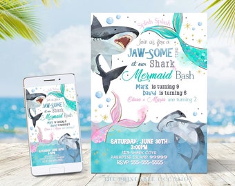 EDITABLE Sharks and Mermaids Invitation, Sharks and Mermaids Birthday, Brother Sister Sibling Invite, Under the Sea Instant Download SH3