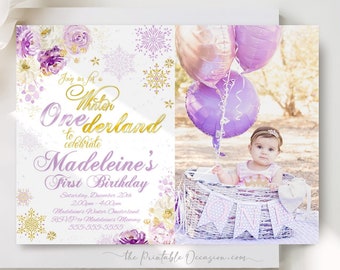 EDITABLE Girl's Winter ONEderland Invitations Girls Lavender & Gold Winter ONEderland Invitation Floral ONEderland Instant Download WL6