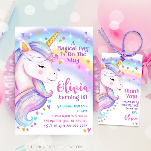 Unicorn Birthday Invitation Rainbow Unicorn Party Gold Glitter Pink Girl Magical Day Invites Digital Editable Printable Download UN1