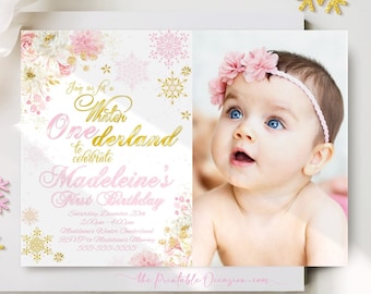 Girl's Winter ONEderland Photo Invitation Template Pink Gold Floral Snowflake Winter ONEderland Photo Invitation Winter ONEderland Party WL1