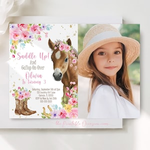 Editable Horse Birthday Invitation Girl Saddle Up Watercolor Cowgirl Party Horse Invite Pink Floral Download Printable Template Corjl H1