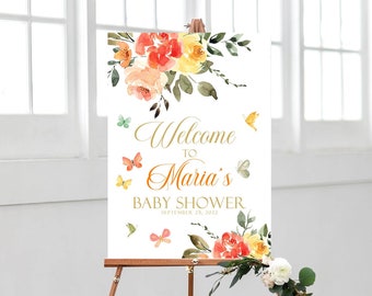 Butterfly Baby Shower Welcome Sign, Orange Floral Printable Welcome Sign, Baby Shower Sign, Orange Floral Baby Shower Welcome Sign B4