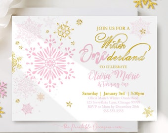 EDITABLE Winter ONEderland Invitation Pink And Gold Snowflakes Winter ONEderland Invitation Winter 1st Birthday Party Instant Download WL1