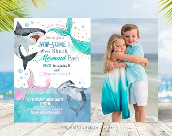 EDITABLE Sharks and Mermaids Invitation, Sharks and Mermaids Birthday, Brother Sister Joint Sibling, Under the Sea Instant Download SH3