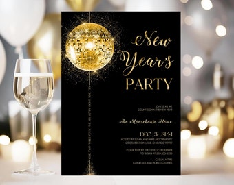 Editable New Years Eve Party Invitation. 2024 New Year’s Party Invite. Gold Glitter New Year Invite. NYE Party. New Years Eve Evite