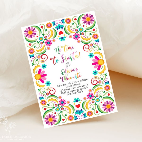 Editable Fiesta Invitation Three-esta Birthday Mexican Party Cactus Mexico Floral Girl Kids 3rd Printable Invitation Template Corjl FE1