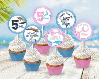 Mermaid and Sharks Cupcake Toppers, Editable Mermaid Sharks Party Round Cupcake Toppers, Sharks and Mermaid Round Tags, Under The Sea SH2