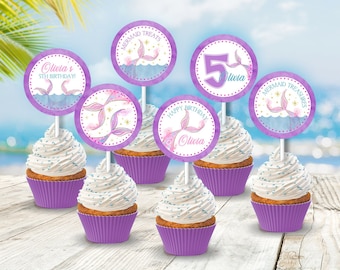 Mermaid Cupcake Toppers, Editable Mermaid Party Round Cupcake Toppers, Purple Pink Mermaid Round Tags, Under The Sea Cupcake Toppers SH1