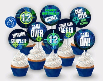 EDITABLE Laser Tag Cupcake Toppers, Laser Tag Cupcake Toppers, Laser Tag Birthday Party Favor, Instant Download Glow Party Gamer Party LT1