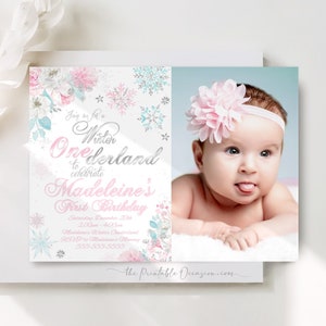 Girls Winter ONEderland Photo Invitation Template Pink Silver Teal ONEderland First Birthday Invitation Girl ONEderland Instant Download WL5 image 1