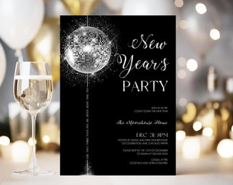 New Year's Eve Party Invitation Digital Disco Ball Invite Phone, Editable NYE Evite Template Silver Glitter 2024 Party E Invite Digital