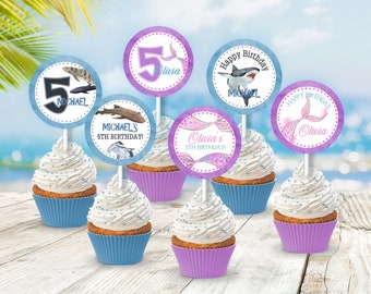 Mermaid and Sharks Cupcake Toppers, Editable Mermaid Sharks Party Round Cupcake Toppers, Sharks and Mermaid Round Tags, Under The Sea SH1