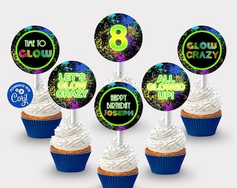 EDITABLE Glow Party Cupcake Toppers Template, Glow Cupcake Toppers, Neon Party Cupcake Toppers Template Printable Cupcake Instant Download