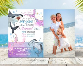 EDITABLE Sharks and Mermaids Invitation, Sharks and Mermaids Birthday Party, Joint Sibling Invite, Under the Sea Instant Download SH1