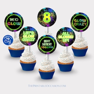 Editable Glow Party Cupcake Toppers Neon Birthday Printable Canva Template Glow In The Dark Party Decor Kids Neon Glow Birthday Topper GL4
