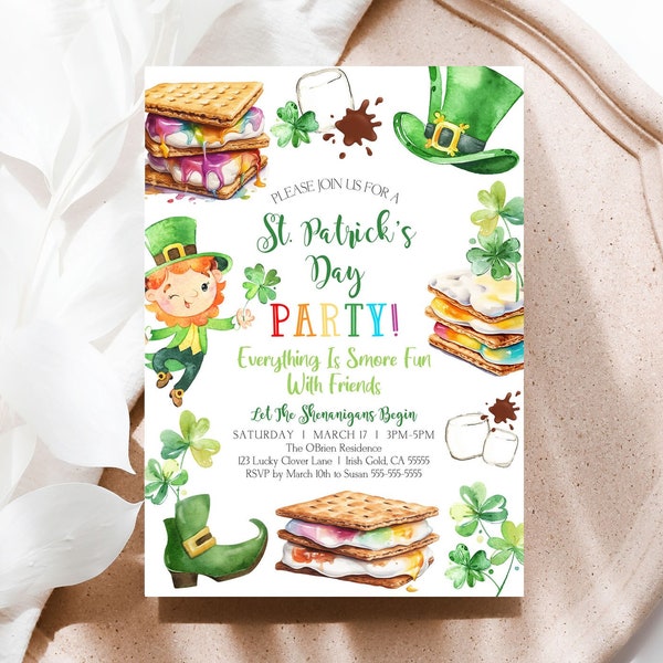 Smores St Patrick's Day Party Invitation Template, Editable Smores St Paddys Day Invitation, Printable St Patrick's Day Invitation SP3