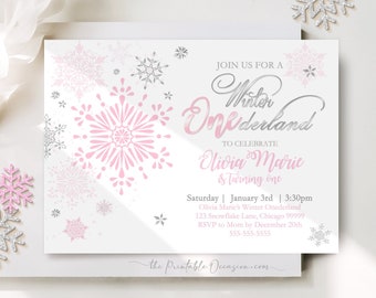 Minimalist Winter ONEderland Invitation Pink Silver Snowflakes Winter ONEderland Invitation Winter 1st Birthday Party Instant Download WL2