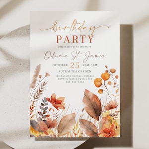 Może przedstawiać: Zaproszenie na przyjęcie urodzinowe z akwarelowym wzorem kwiatowym w ciepłych jesiennych kolorach. Zaproszenie zawiera tekst "birthday PARTY" oraz szczegóły przyjęcia Olivii St. James 25 października w Autumn Tea Garden.