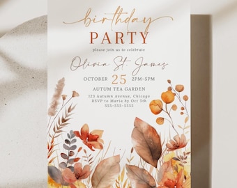 Può includere: Un invito di compleanno con un design floreale ad acquerello nei caldi colori autunnali. L'invito include il testo "birthday PARTY" e i dettagli della festa di Olivia St. James il 25 ottobre all'Autumn Tea Garden.
