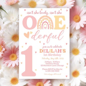 Editable Boho Rainbow 1st Birthday Invitation Little Miss Onederful Digital Modern Rainbow First Birthday Invite for Girl Party M2