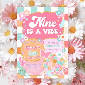 Nine Is A Vibe Checkered Smile Face Birthday Invite Groovy 9th Birthday Invitation Editable Retro Birthday Emoji Canva Invitation Tween TW3