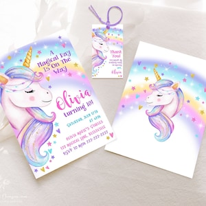 Unicorn Birthday Invitation Rainbow Unicorn Party Gold Glitter Pink Girl Magical Day Invites Digital Editable Printable Download UN1 image 3