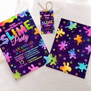 Editable Slime Invitation Glow Slime Party Invitation Template Slime Thank You Tag Neon Printable Slime Birthday Invite Instant Download GS
