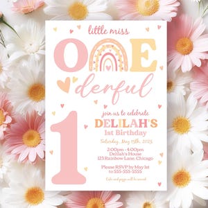 Boho Rainbow 1st Birthday Invitation Editable Little Miss Onederful Invitation Digital Modern Rainbow First Birthday Invite Girl Party M2