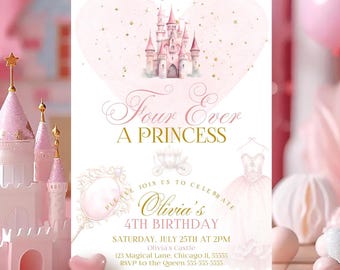 Princess 4th Birthday Invitation Editable Princess Invite Girls Princess Party Invite Castle Canva Template Four Ever A Princess PR2