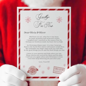 May include: A Christmas-themed letter held by someone in a Santa Claus costume. The letter has a red and white border and includes the text "Goodbye For Now" and a message to "Olicia & Oliver". The background is a Christmas tree.