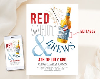 EDITABLE 4th of July Party Invitation Template Red White and Brews 4th of July Backyard BBQ Invitation Printable 4th July BBQ Invitation P1