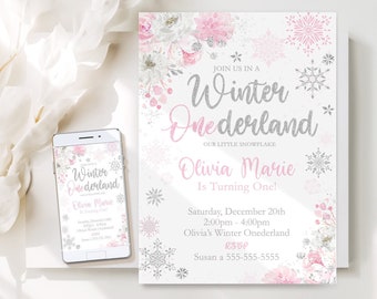 EDITABLE Winter ONEderland Invitation Pink & Silver Winter ONEderland Invitation Floral Winter ONEderland Party Instant Download Corjl WL2