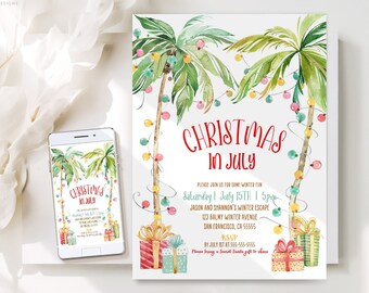 Christmas In July Party Invitation Template Editable Palm Tree Tropical Christmas Printable Holiday Invitation Printable Instant Downlod TC1